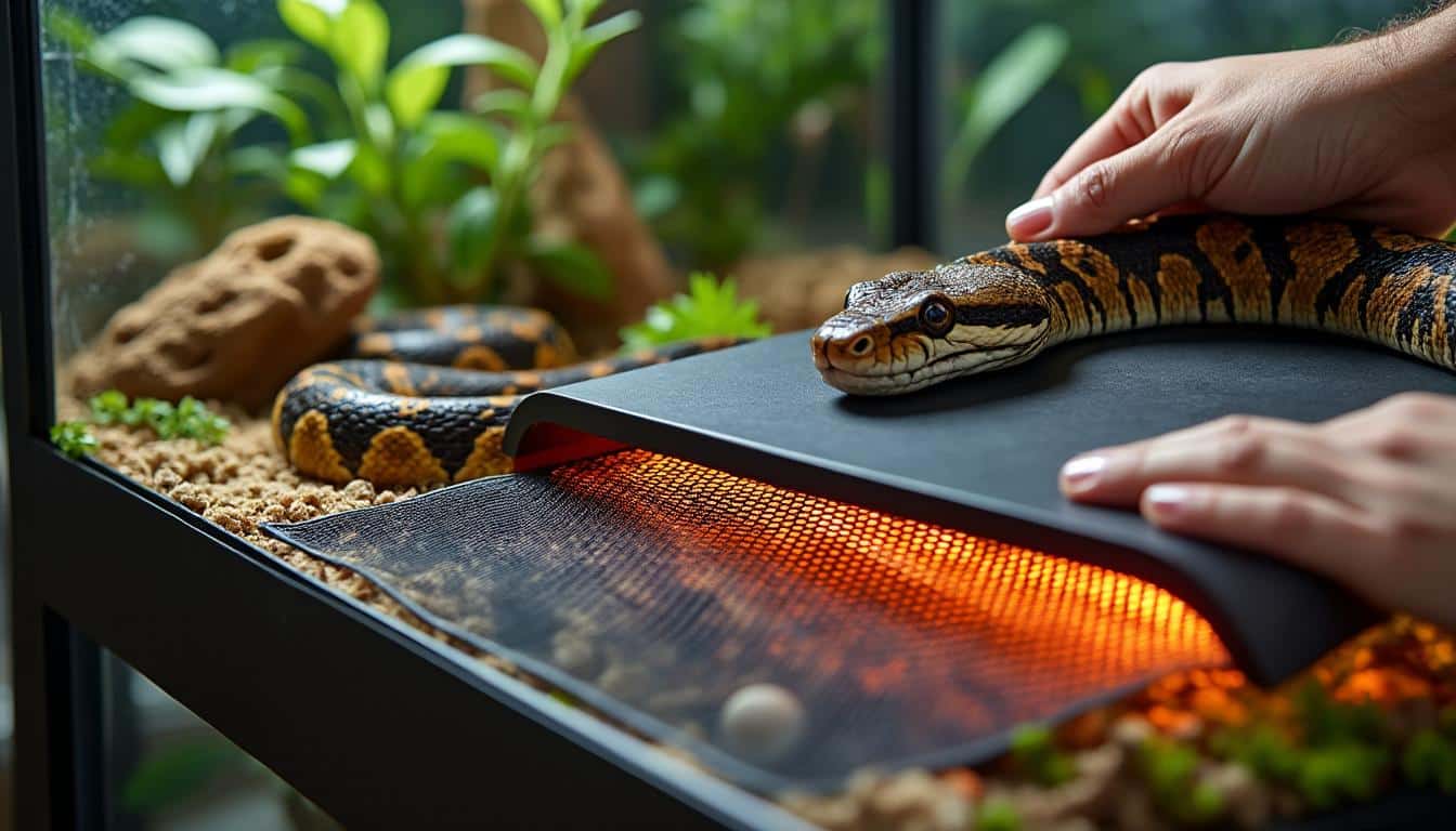 découvrez comment un tapis chauffant thermostaté maintient une température idéale pour votre serpent dans son terrarium, assurant son confort et sa santé.