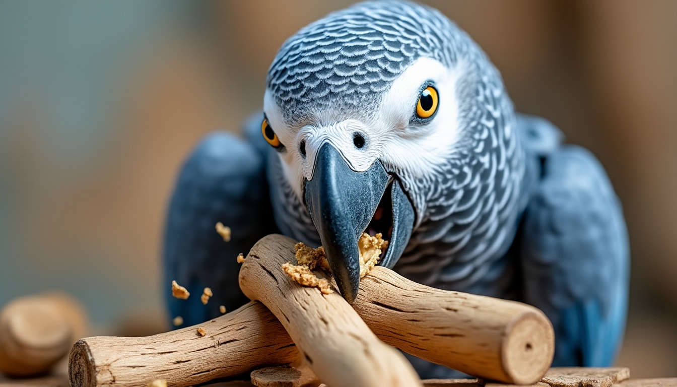 découvrez comment le perroquet gris utilise son bec puissant pour détruire les jouets en bois, un comportement naturel et fascinant.