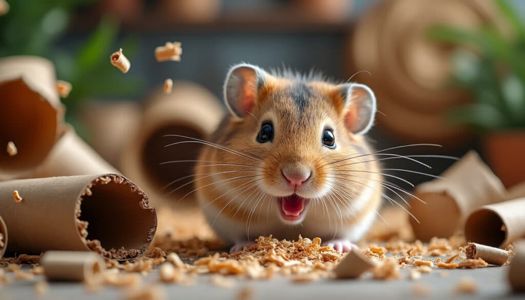 découvrez comment la gerbille s'amuse en détruisant frénétiquement des rouleaux de carton, une activité ludique qui favorise sa sociabilisation et son bien-être.