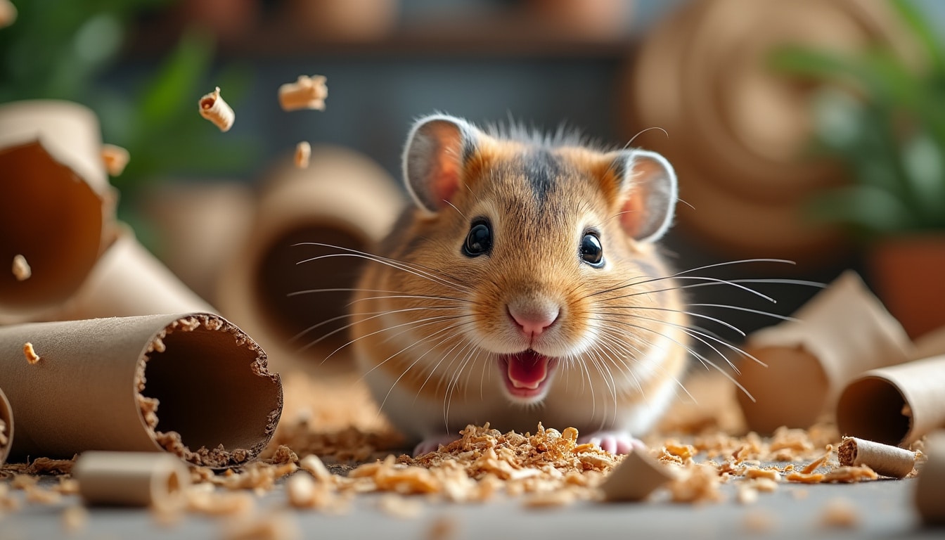 découvrez comment la gerbille s'amuse en détruisant frénétiquement des rouleaux de carton, une activité ludique qui favorise sa sociabilisation et son bien-être.