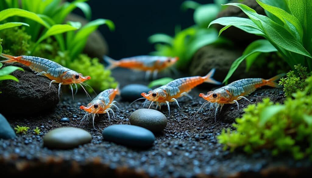 découvrez comment l'entretien du substrat technique nutritif améliore la santé et la croissance des crevettes dans un aquarium aquascaping.