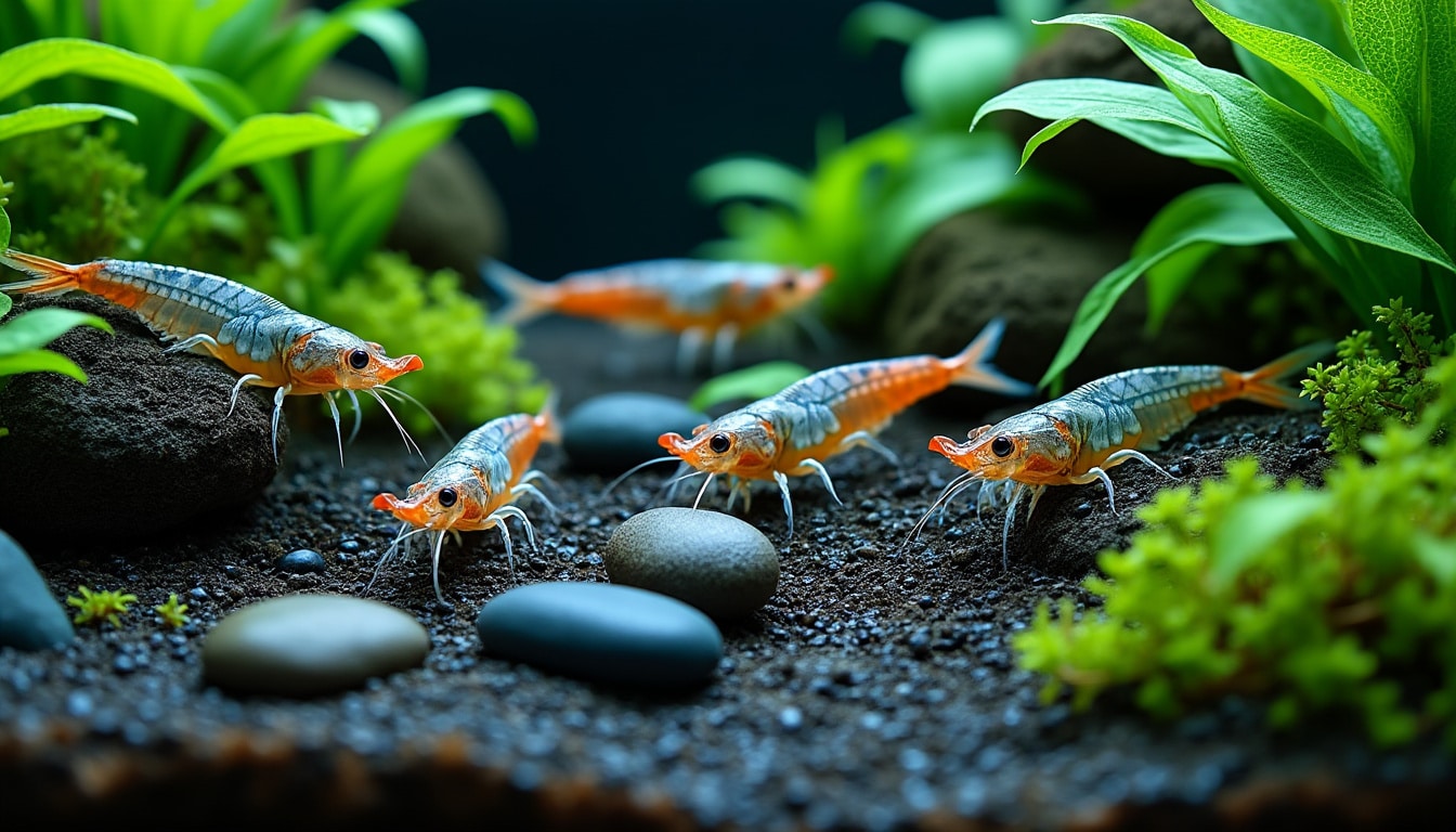 découvrez comment l'entretien du substrat technique nutritif améliore la santé et la croissance des crevettes dans un aquarium aquascaping.
