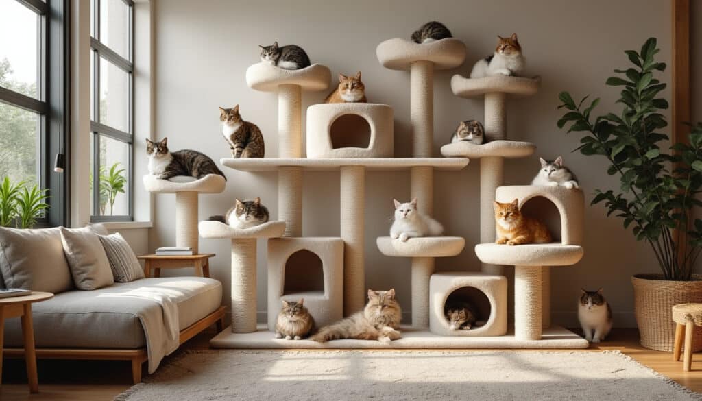découvrez comment les arbres à chat géants favorisent une cohabitation harmonieuse entre plusieurs chats en délimitant leur espace de jeu et de repos.