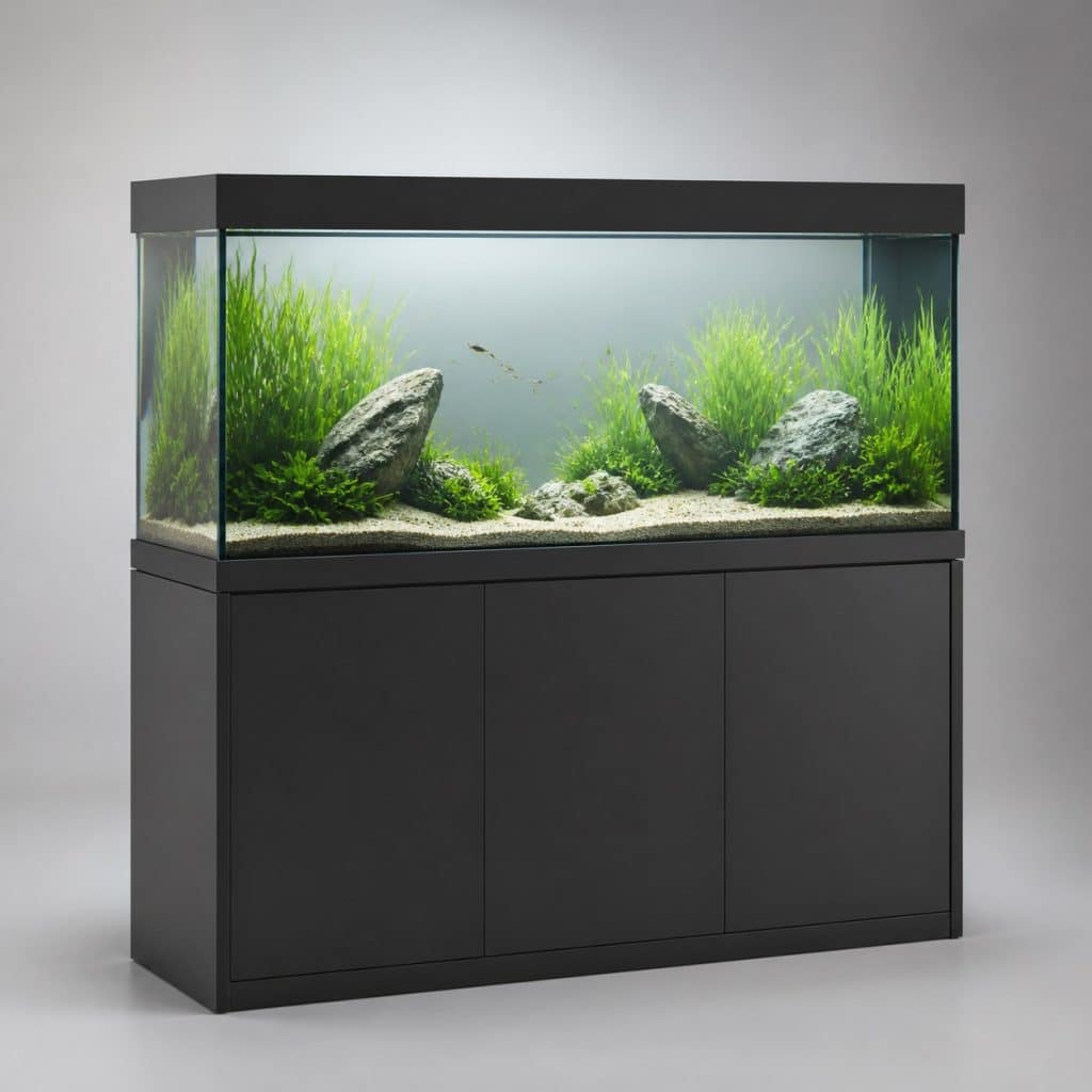Aquarium avec meuble intégré, vue packshot sur fond neutre