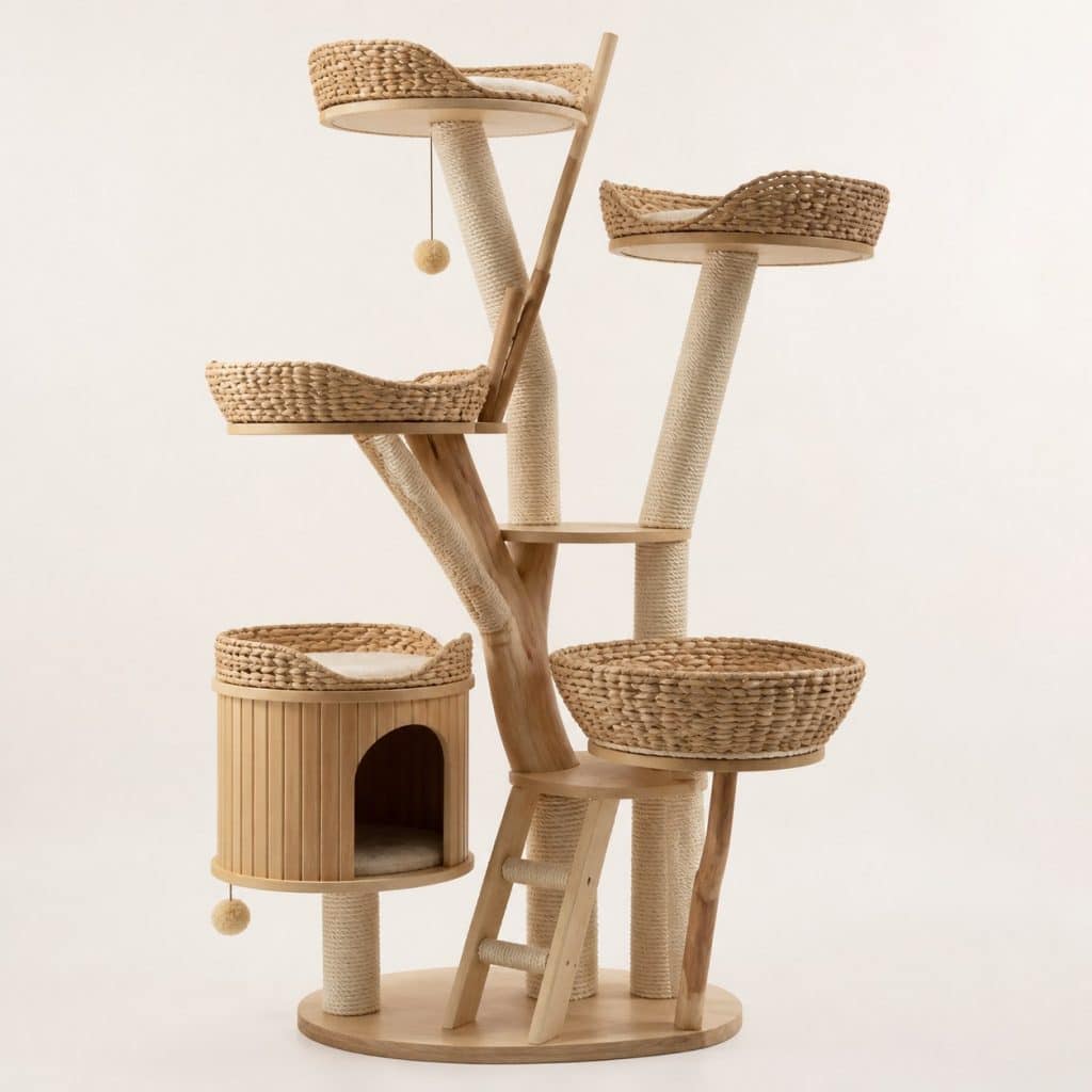 Grand arbre à chat en bois avec paniers tissés et griffoirs sisal, vue produit