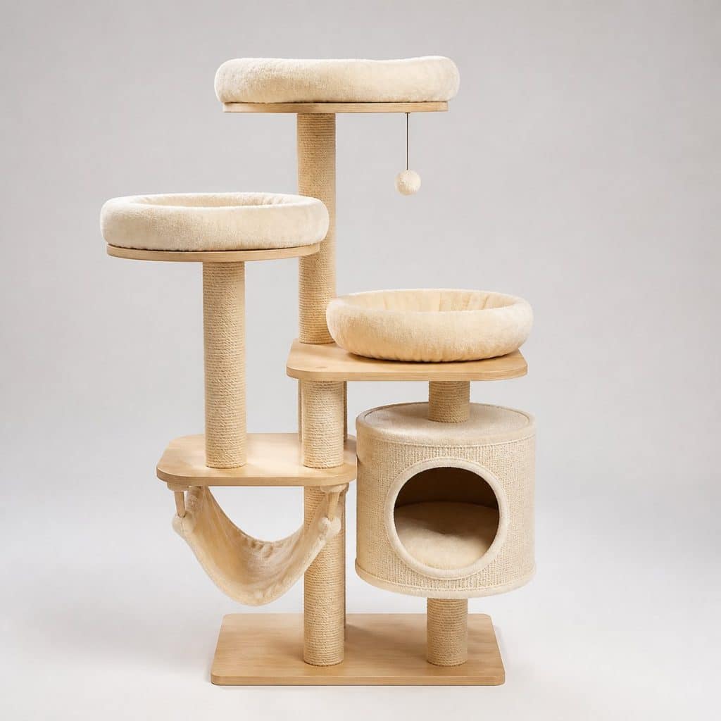 Arbre à chat multi-équipements avec grotte, hamac et plateforme, vue produit