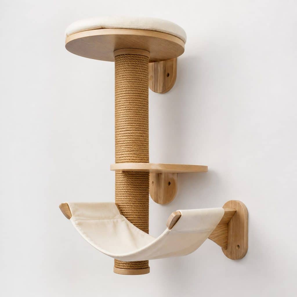 Arbre à chat mural compact avec hamac suspendu, vue produit sur fond neutre
