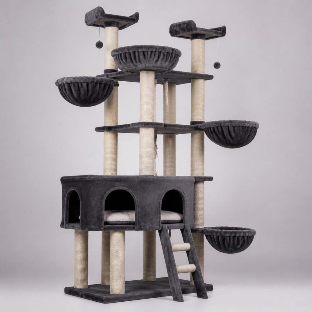 Très grand arbre à chat avec large niche et plusieurs corbeilles, vue produit