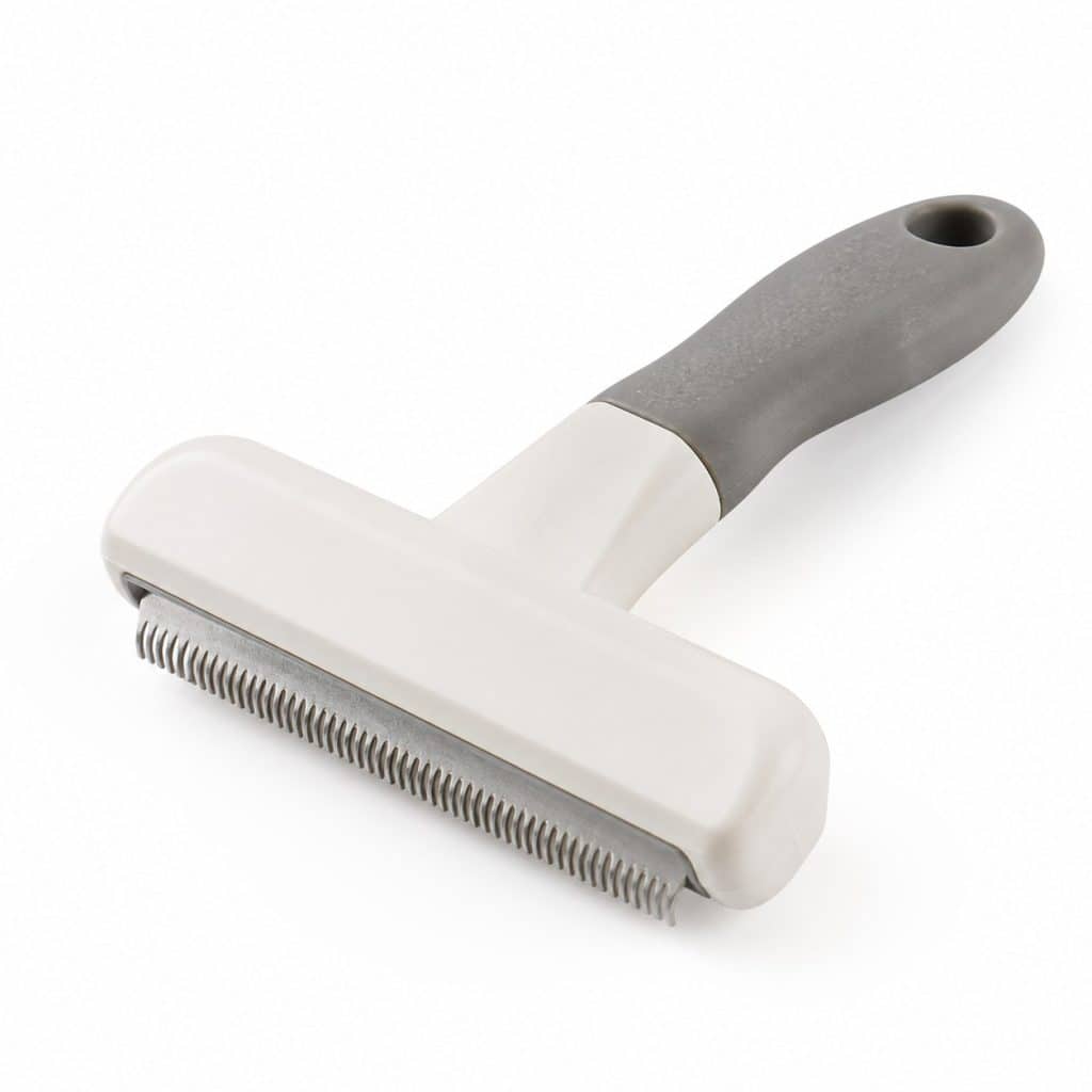 Brosse pour chat à lame métallique posée sur fond neutre