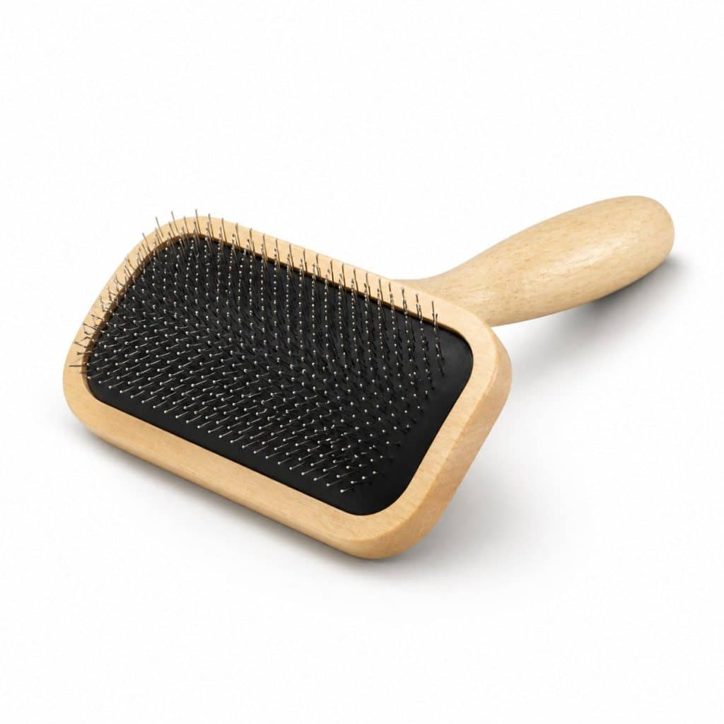 Brosse démêlante à picots métalliques pour chat sur fond neutre