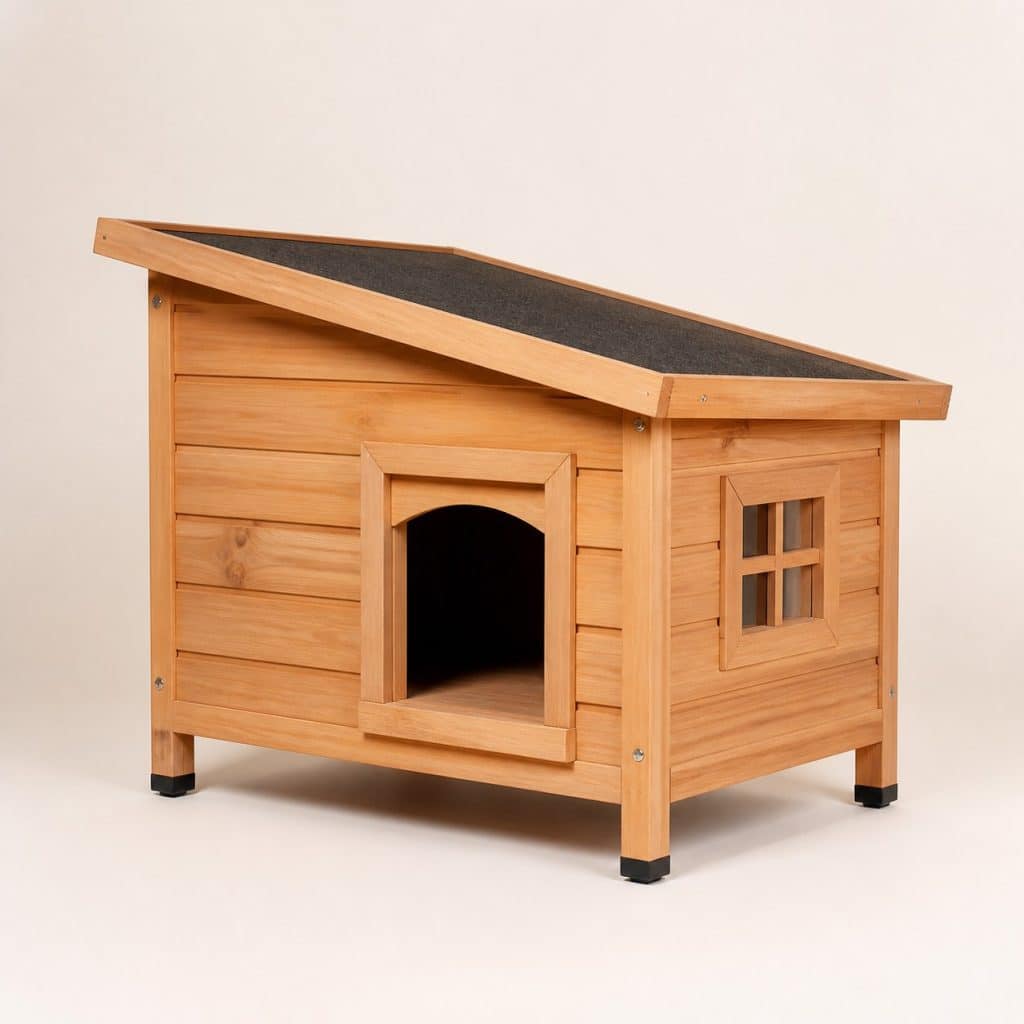 Cabane extérieure en bois pour chat, vue de face sur fond neutre