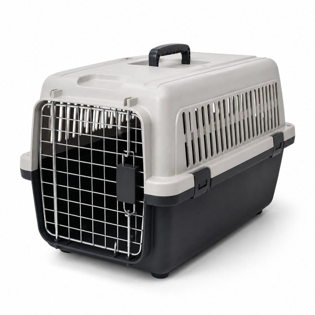 Caisse de transport rigide pour chat présentée sur fond neutre