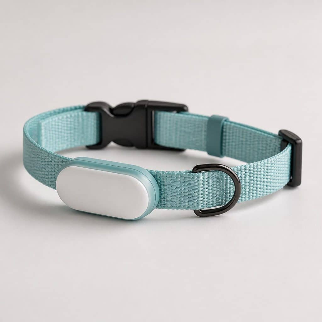 Collier anti-fugue avec module GPS intégré posé sur fond neutre