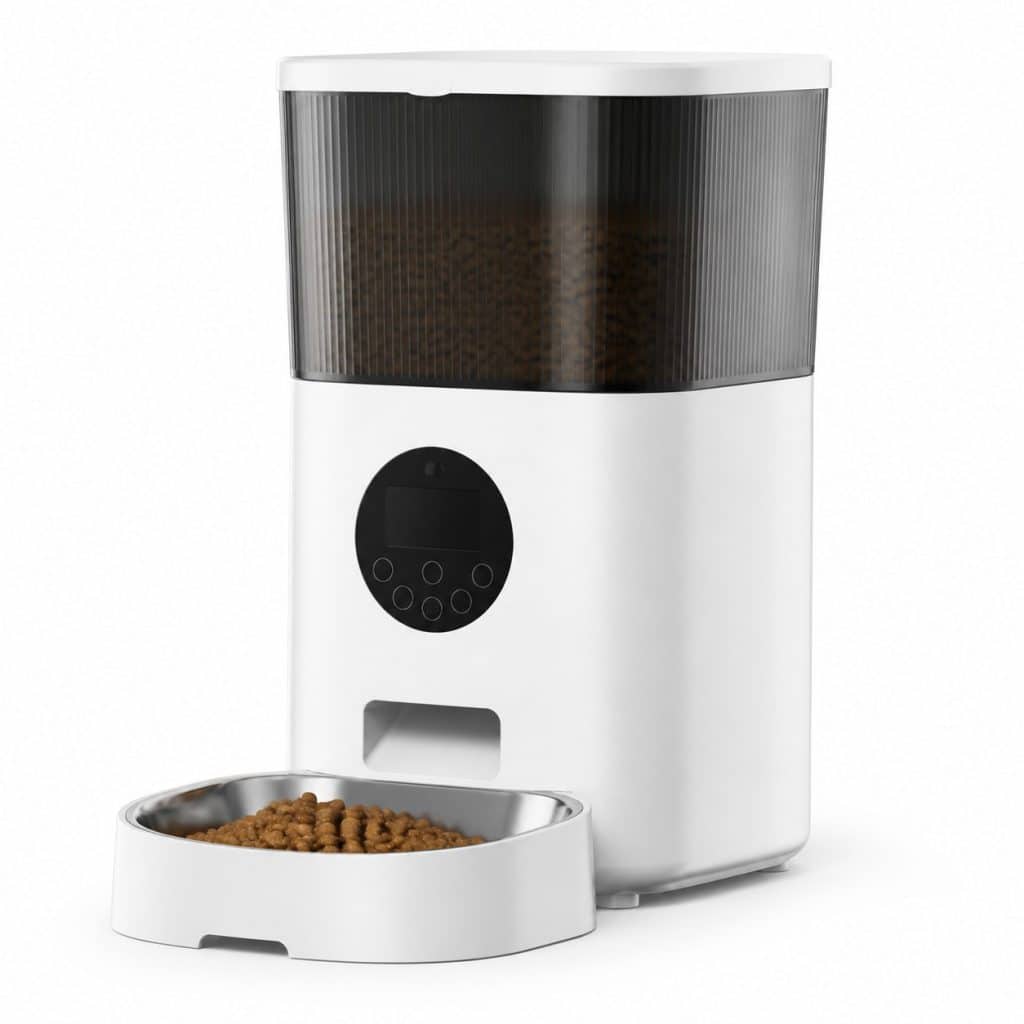 Distributeur automatique programmable de croquettes pour chat, vue de face sur fond neutre