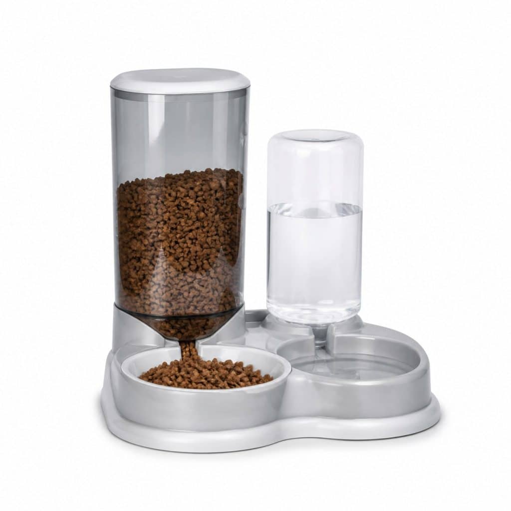 Distributeur combiné eau et croquettes pour chat, vue de face sur fond neutre