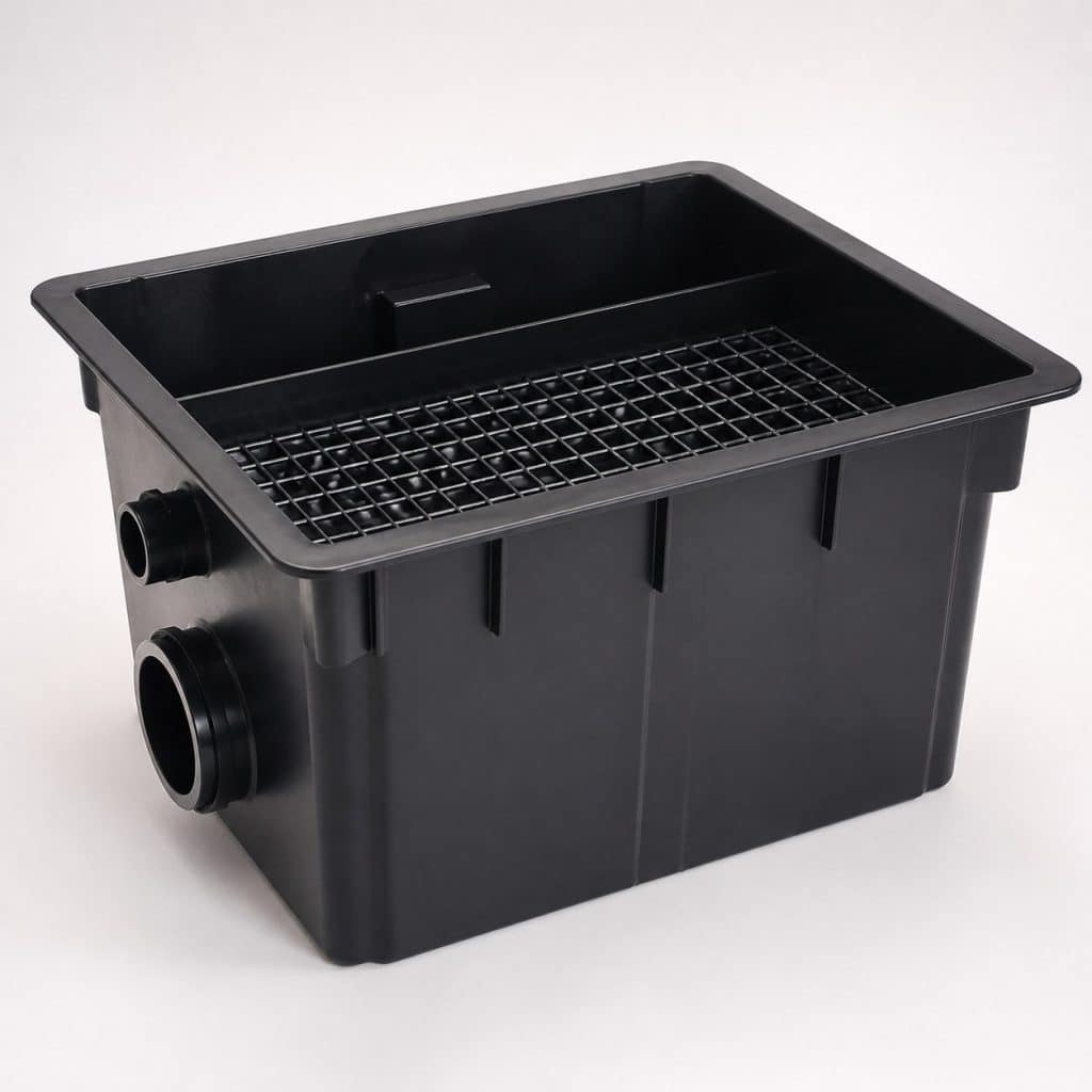 Filtre à grille pour bassin de jardin posé sur fond neutre