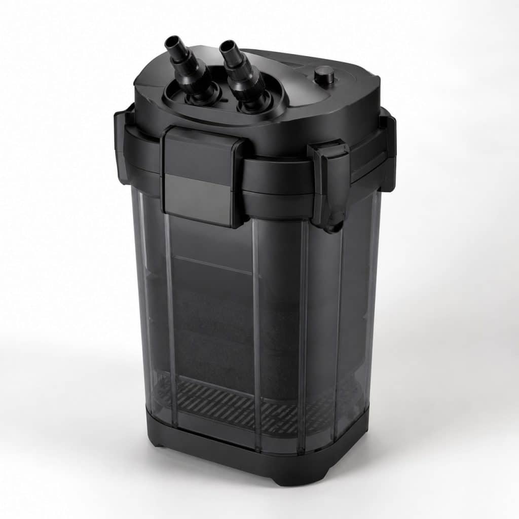 Filtre externe compact pour aquarium posé sur fond neutre