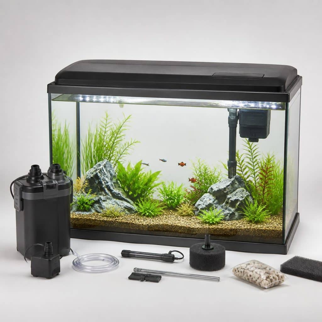 Kit aquarium complet pour débutant, vue packshot sur fond neutre