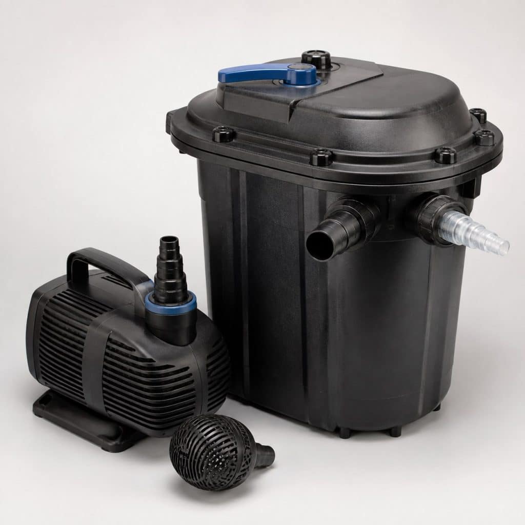 Kit de filtration pour bassin avec pompe et cuve posé sur fond neutre
