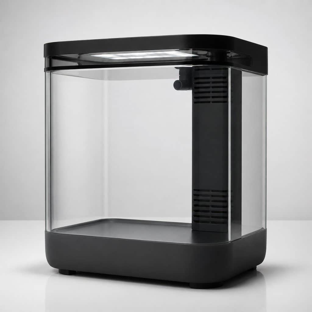 Nano-aquarium tout-en-un pour bureau, vue packshot sur fond neutre