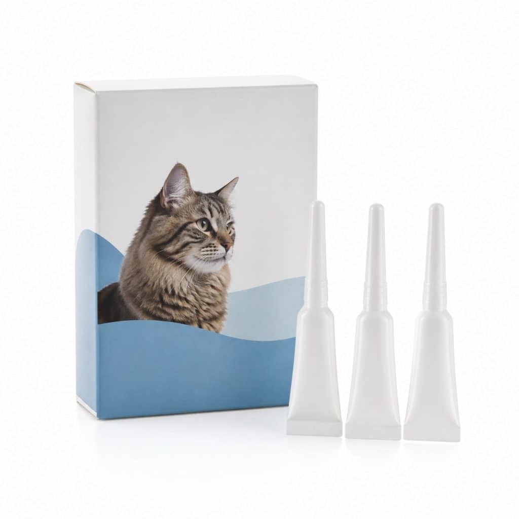 Boîte de trois pipettes antiparasitaires pour chat, packshot sur fond blanc