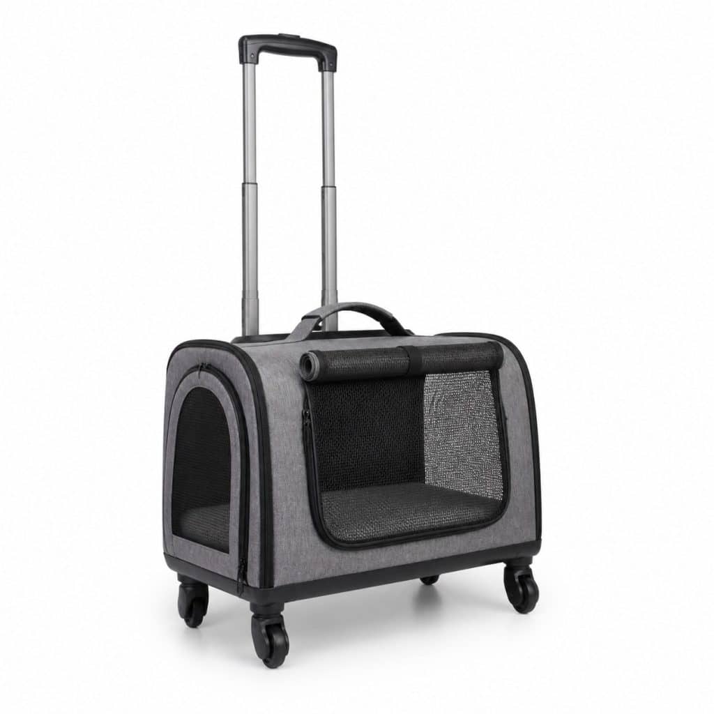 Sac de transport à roulettes pour chat présenté sur fond neutre