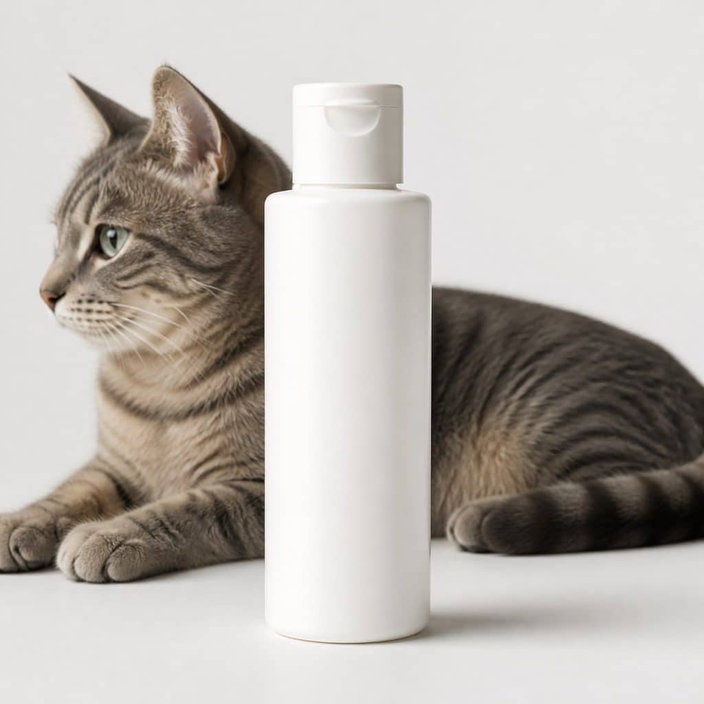 Flacon de shampoing antiparasitaire pour chat sur fond neutre