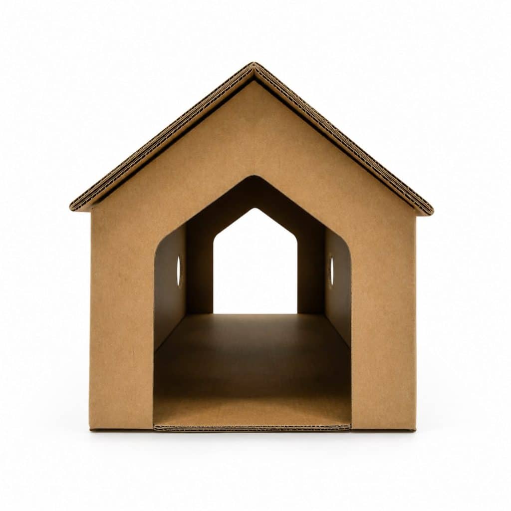 Tunnel en carton en forme de maison pour chat sur fond blanc