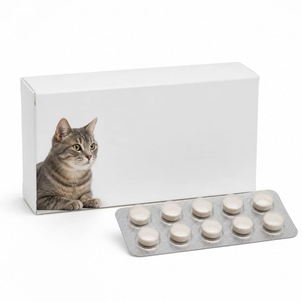 Boîte standard de comprimés vermifuge pour chat adulte sur fond blanc