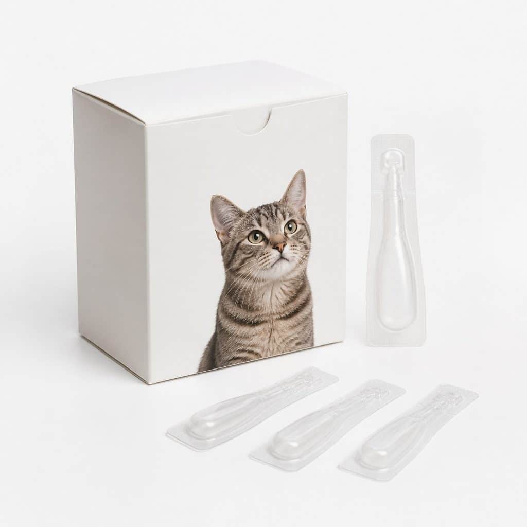 Boîte et pipettes individuelles de vermifuge pour chat sur fond blanc