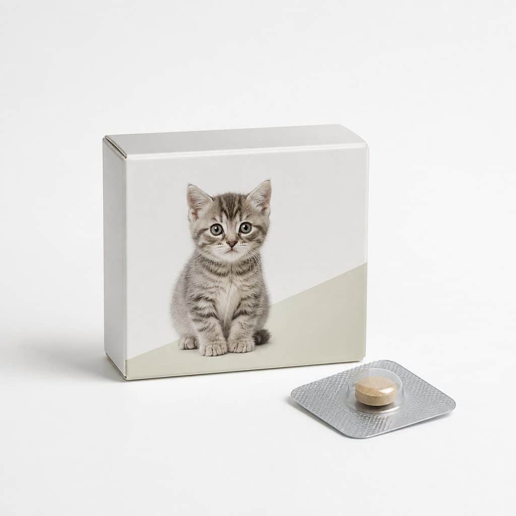 Petite boîte de vermifuge au format réduit pour chaton sur fond blanc